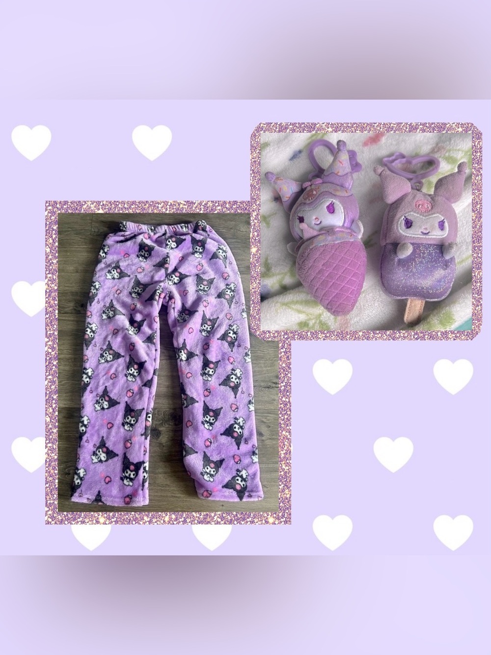 Purple Kuromi Fleece Pajama Pants & keychain set